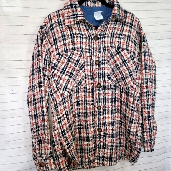 NAGRI RED, WHITE & BLUE TEXTURED PLAID SHIRT JACKET, SZ LARGE - Picture 3 of 14
